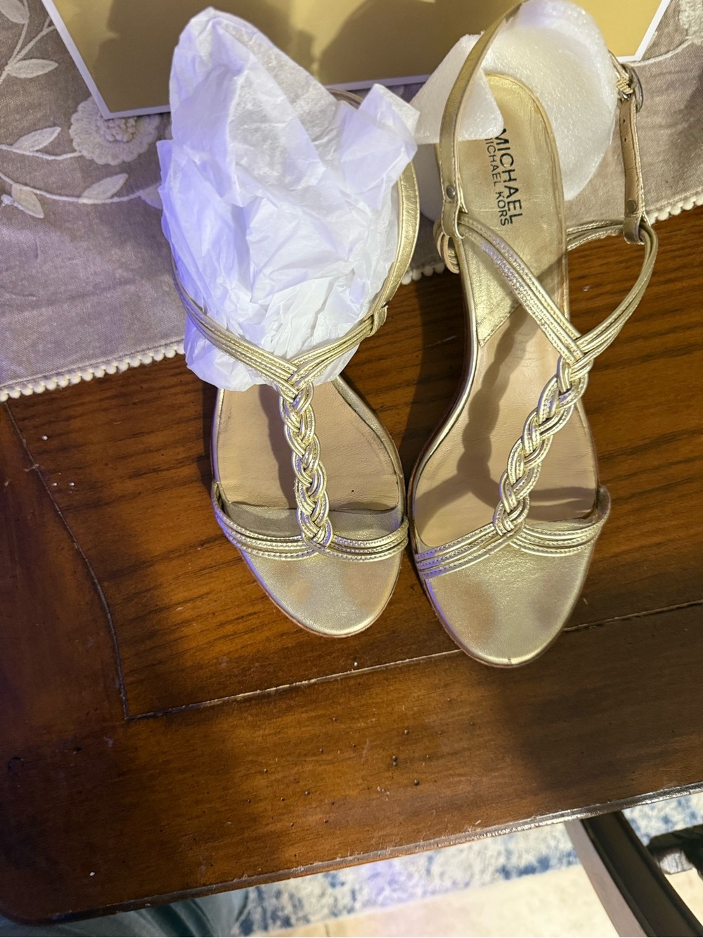 Michael Kors Metallic Gold Braided T-Strap Heels